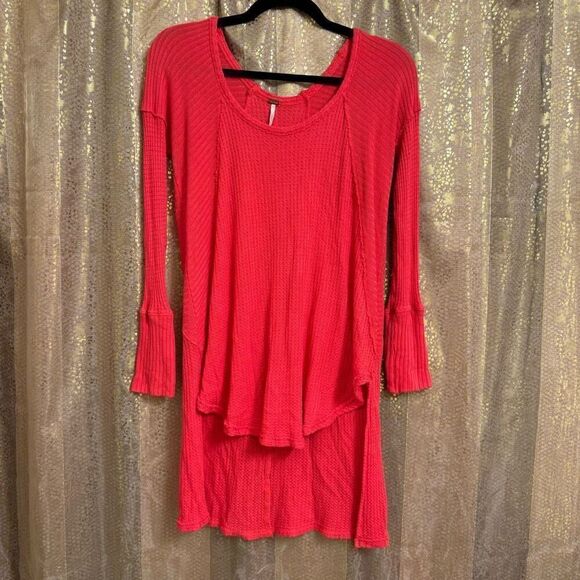 Free People Coral Poppy Red Drippy Ventura Thermal Waffle Boho Top Small - Picture 2 of 9
